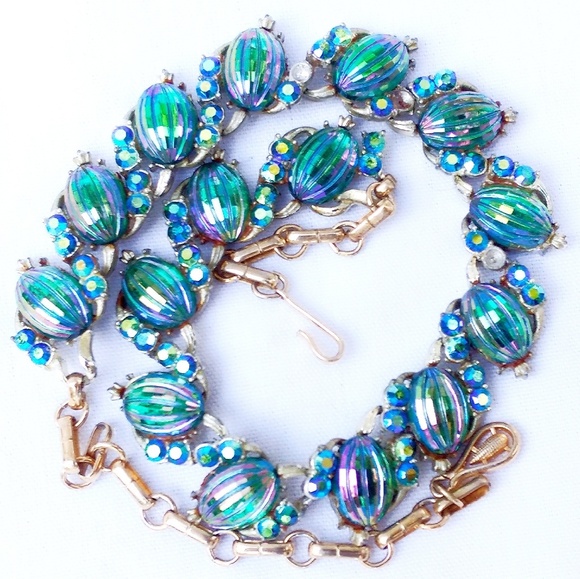 Vintage Coro Peacock AB Melon Glass Necklace & Earrings Set - Picture 4 of 8